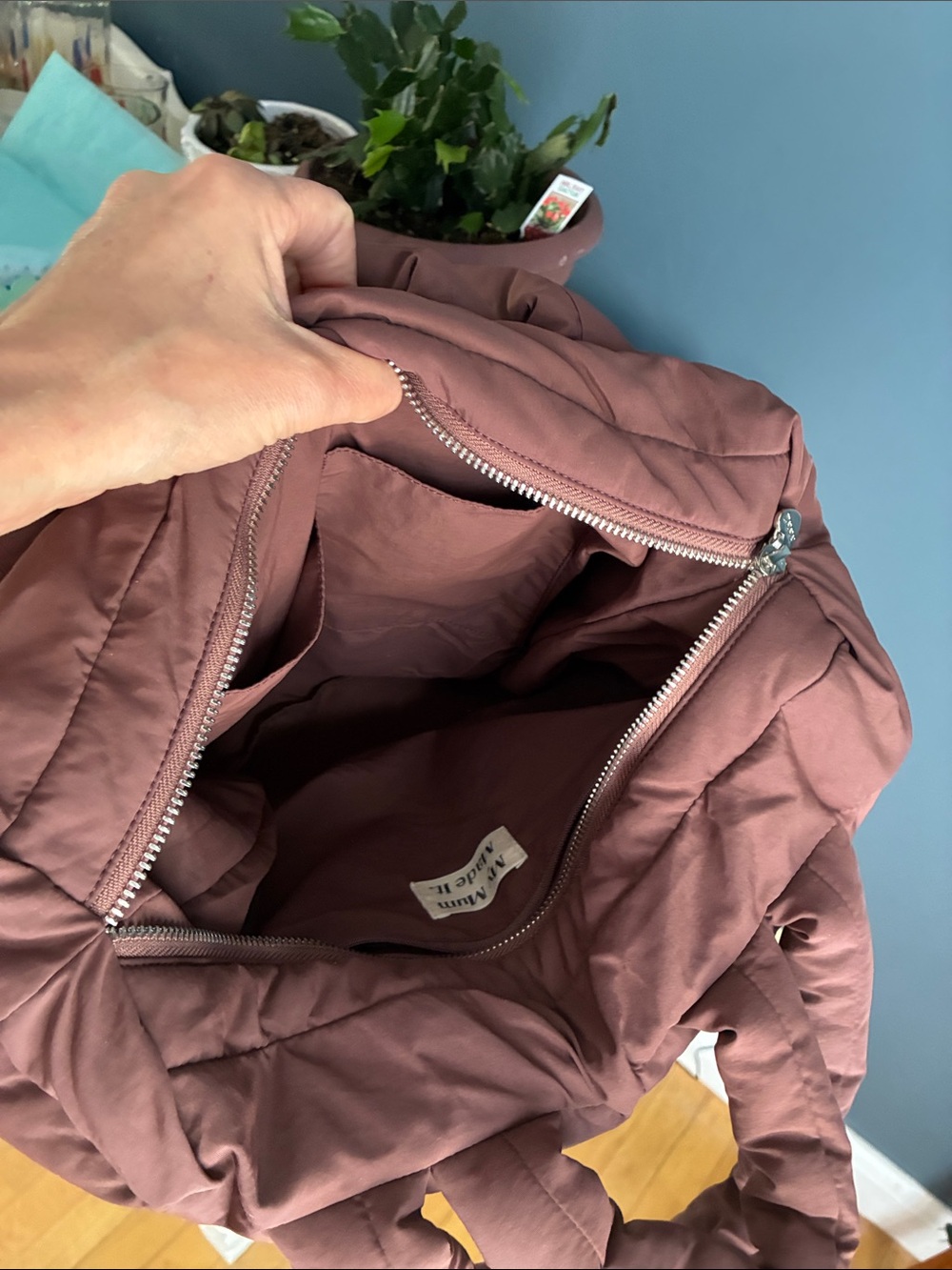 My Mum Made It Quilted Puffy Tote Bag in Brown - Picture 6 of 9